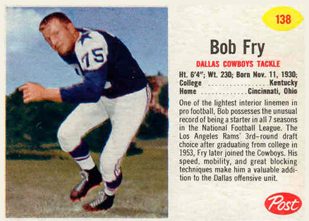 1962 Post Cereal Bob Fry #138 Football Card