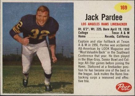1962 Post Cereal Jack Pardee #169 Football Card