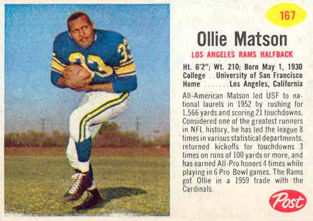 1962 Post Cereal Ollie Matson #167 Football Card