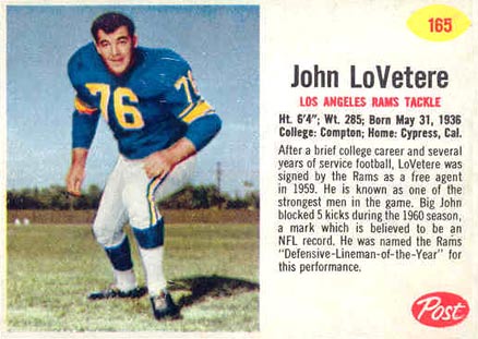 1962 Post Cereal John LoVetere #165 Football Card