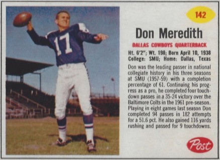 1962 Post Cereal Don Meredith #142 Football Card