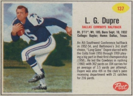 1962 Post Cereal L.G. Dupre #137 Football Card