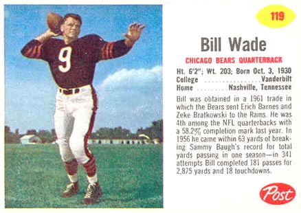 1962 Post Cereal Bill Wade #119 Football Card