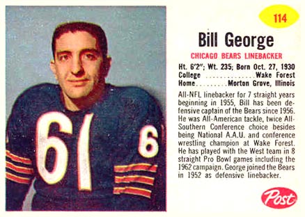 1962 Post Cereal Bill George #114 Football Card