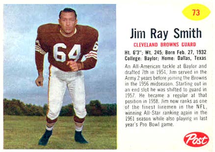 1962 Post Cereal Jim Ray Smith #73 Football Card
