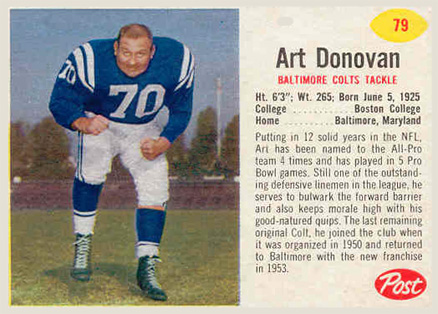 1962 Post Cereal Art Donovan #79 Football Card