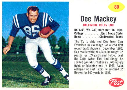 1962 Post Cereal Dee Mackey #80 Football Card
