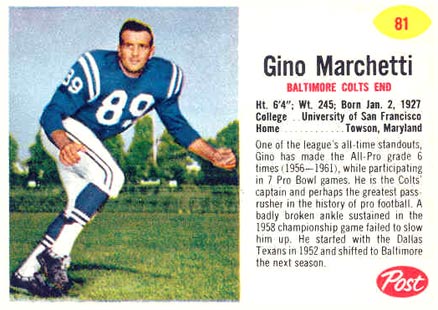 1962 Post Cereal Gino Marchetti #81 Football Card
