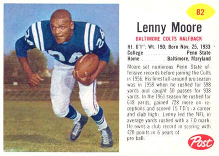 1962 Post Cereal Lenny Moore #82 Football Card