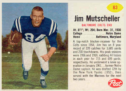 1962 Post Cereal Jim Mutscheller #83 Football Card
