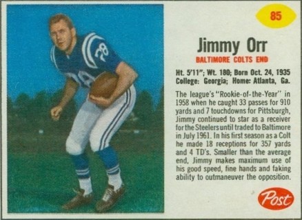 1962 Post Cereal Jimmy Orr #85 Football Card