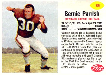 1962 Post Cereal Bernie Parrish #69 Football Card