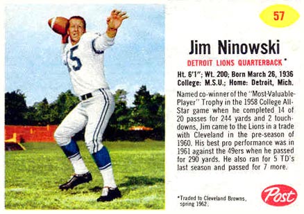 1962 Post Cereal Jim Ninowski #57 Football Card
