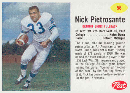 1962 Post Cereal Nick Pietrosante #58 Football Card