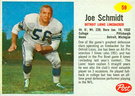 1962 Post Cereal Joe Schmidt #59 Football Card