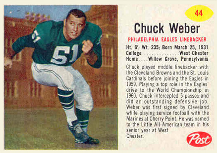 1962 Post Cereal Chuck Weber #44 Football Card