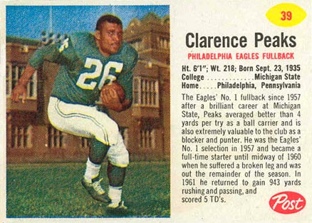 1962 Post Cereal Clarence Peaks #39 Football Card