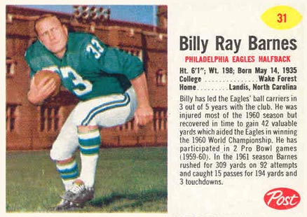 1962 Post Cereal Bill Barnes #31 Football Card