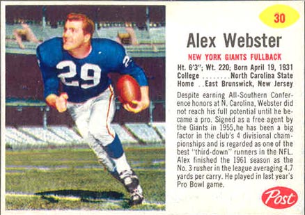 1962 Post Cereal Alex Webster #30 Football Card