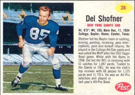 1962 Post Cereal Del Shofner #28 Football Card