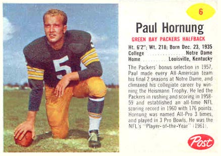 1962 Post Cereal Paul Hornung #6 Football Card