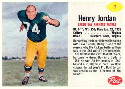 1962 Post Cereal Henry Jordan #7 Football Card