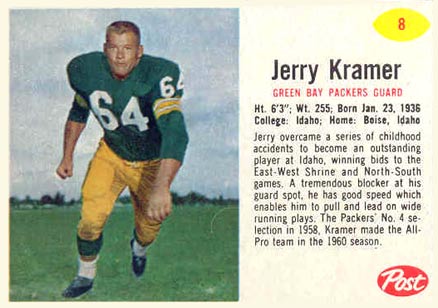 1962 Post Cereal Jerry Kramer #8 Football Card