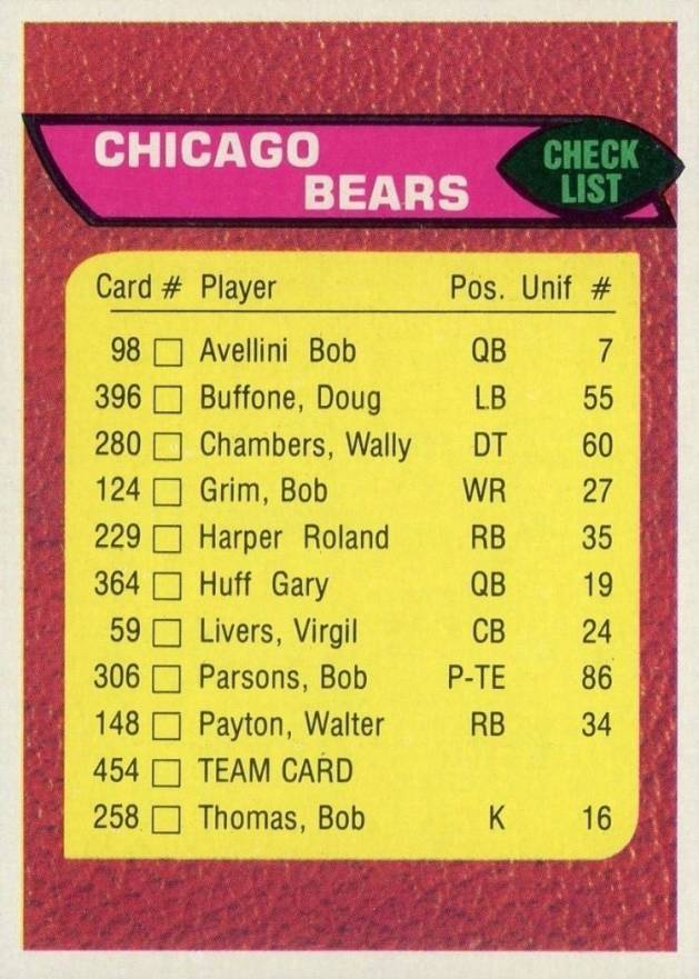 1976 Topps Chicago Bears Team #454 Football Card