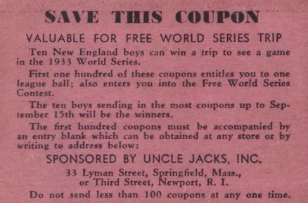 1933 Uncle Jacks Candy Coupon # Baseball Card