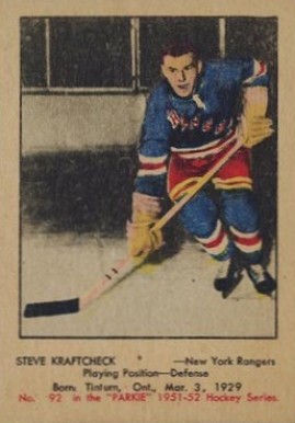 1951 Parkhurst Steve Kraftcheck #92 Hockey Card