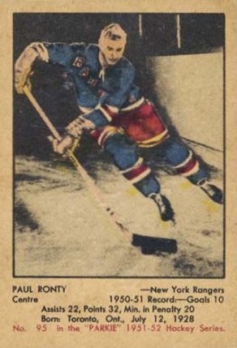 1951 Parkhurst Paul Ronty #95 Hockey Card