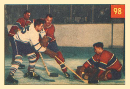 1954 Parkhurst Plante Protects Against Slippery Sloan #98 Hockey Card