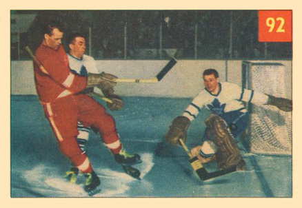 1954 Parkhurst Lum Stops Howe With Help Of Stewart's Stick #92 Hockey Card
