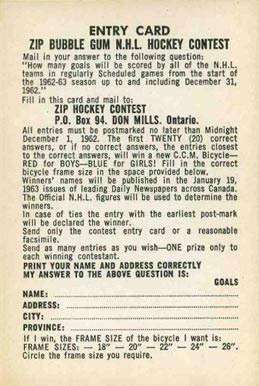 1962 Parkhurst Entry Card # Hockey Card