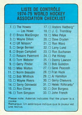 1974 O-Pee-Chee WHA Checklist #53 Hockey Card