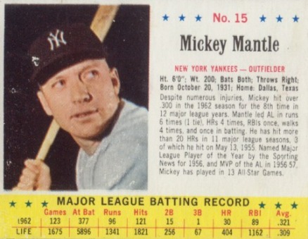 1963 Jell-O Mickey Mantle #15 Baseball Card