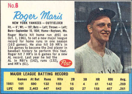 1962 Post Cereal Roger Maris #6a Baseball Card