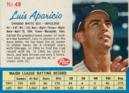 1962 Post Cereal Luis Aparicio #49 Baseball Card