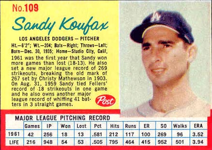 1962 Post Cereal Sandy Koufax #109b Baseball Card