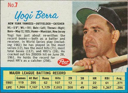 1962 Post Cereal Yogi Berra #7 Baseball Card