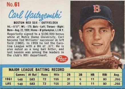 1962 Post Cereal Carl Yastrzemski #61 Baseball Card