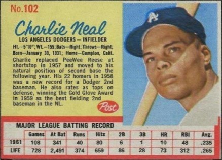 1962 Post Cereal Charlie Neal #102 Baseball Card