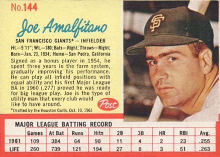 1962 Post Cereal Joe Amalfitano #144 Baseball Card