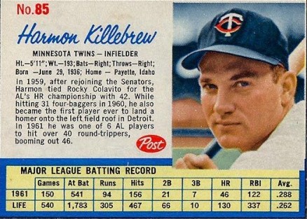 1962 Post Cereal Harmon Killebrew #85 Baseball Card
