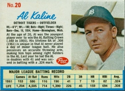 1962 Post Cereal Al Kaline #20 Baseball Card