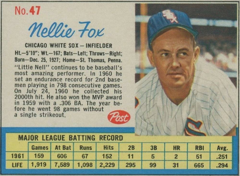 1962 Post Cereal Nellie Fox #47 Baseball Card