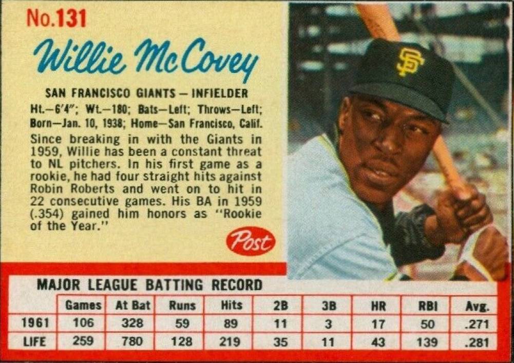 1962 Post Cereal Willie McCovey #131 Baseball Card