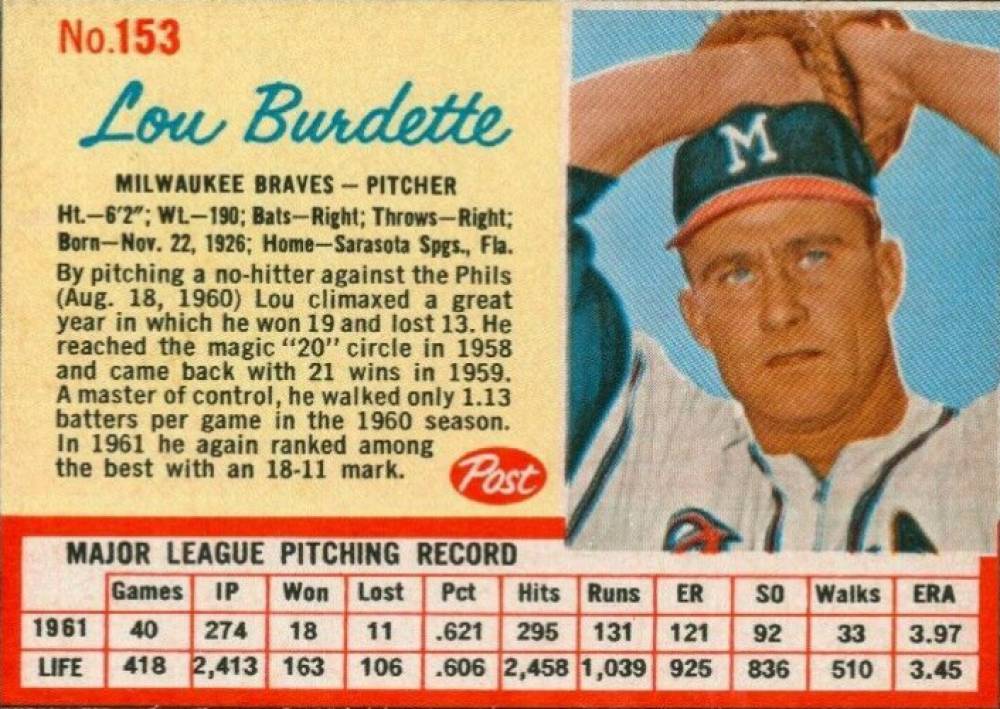 1962 Post Cereal Lou Burdette #153 Baseball Card