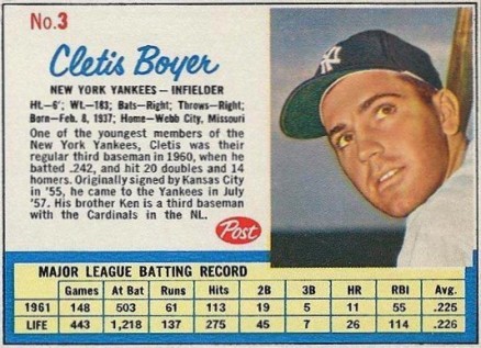 1962 Post Cereal Cletis Boyer #3 Baseball Card