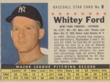 1961 Post Cereal Whitey Ford #6 Baseball Card